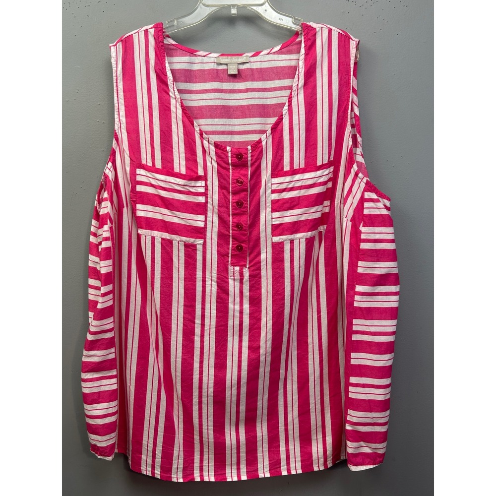 Woman Within Tunic Women 2X Pink Striped Henley Sleeveless Cotton Top Pockets